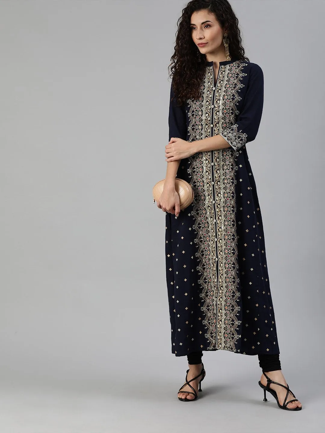 Ishin Women's Cotton Navy Blue Embellished Anarkali Kurta