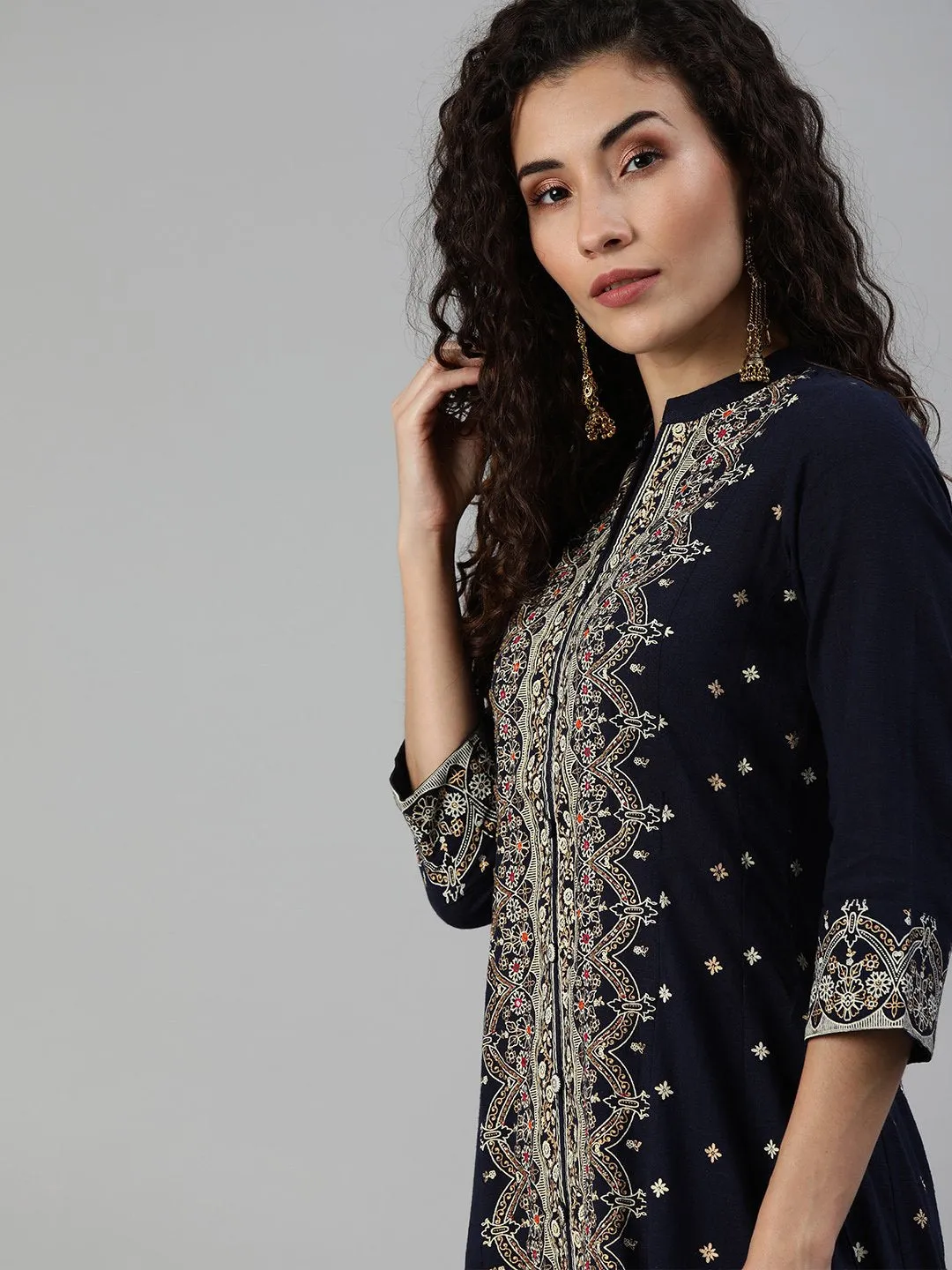 Ishin Women's Cotton Navy Blue Embellished Anarkali Kurta