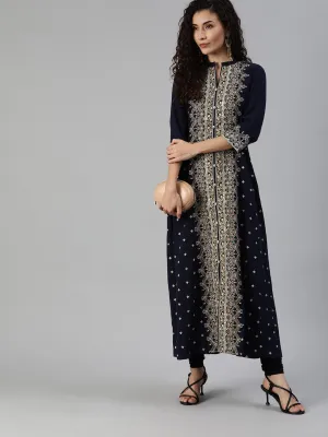 Ishin Women's Cotton Navy Blue Embellished Anarkali Kurta