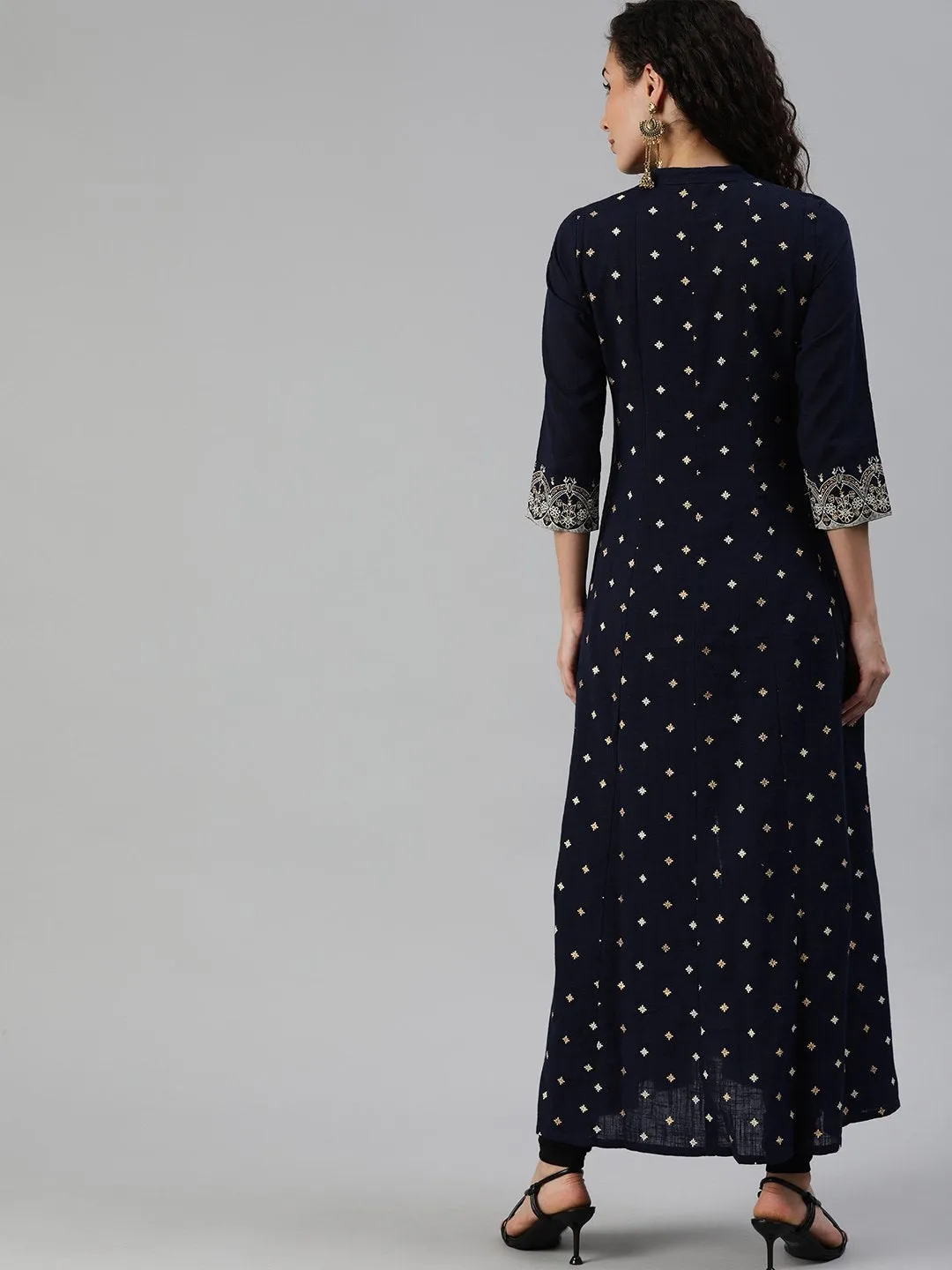 Ishin Women's Cotton Navy Blue Embellished Anarkali Kurta