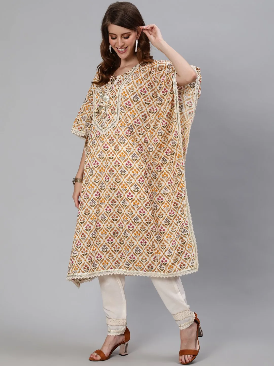Ishin Women's Cotton Off White Embroidered Kaftan Kurta Trouser Set