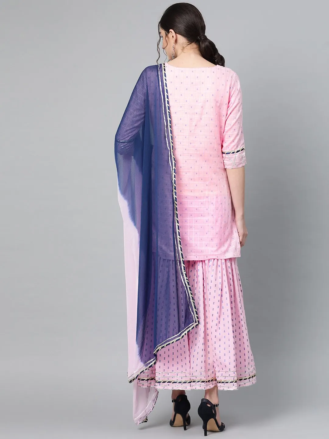 Ishin Women's Cotton Pink Gota Patti Work Embroidered A-Line Kurta Sharara Dupatta Set