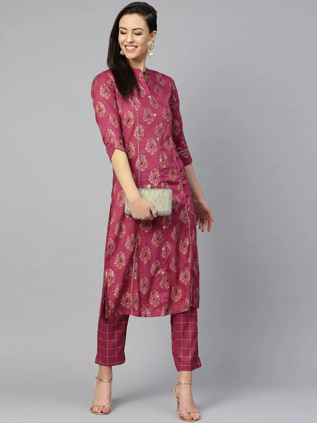Ishin Women's Cotton Purple Foil Printed Gota Patti A-Line Kurta Trouser Set