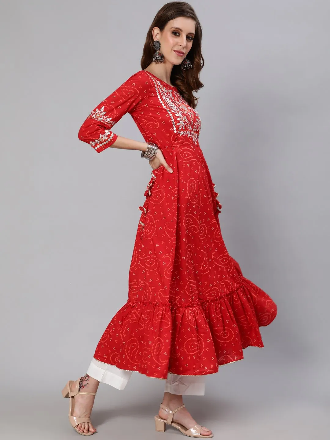 Ishin Women's Cotton Red Yoke Design Embroidered Anarkali Tiered Kurta