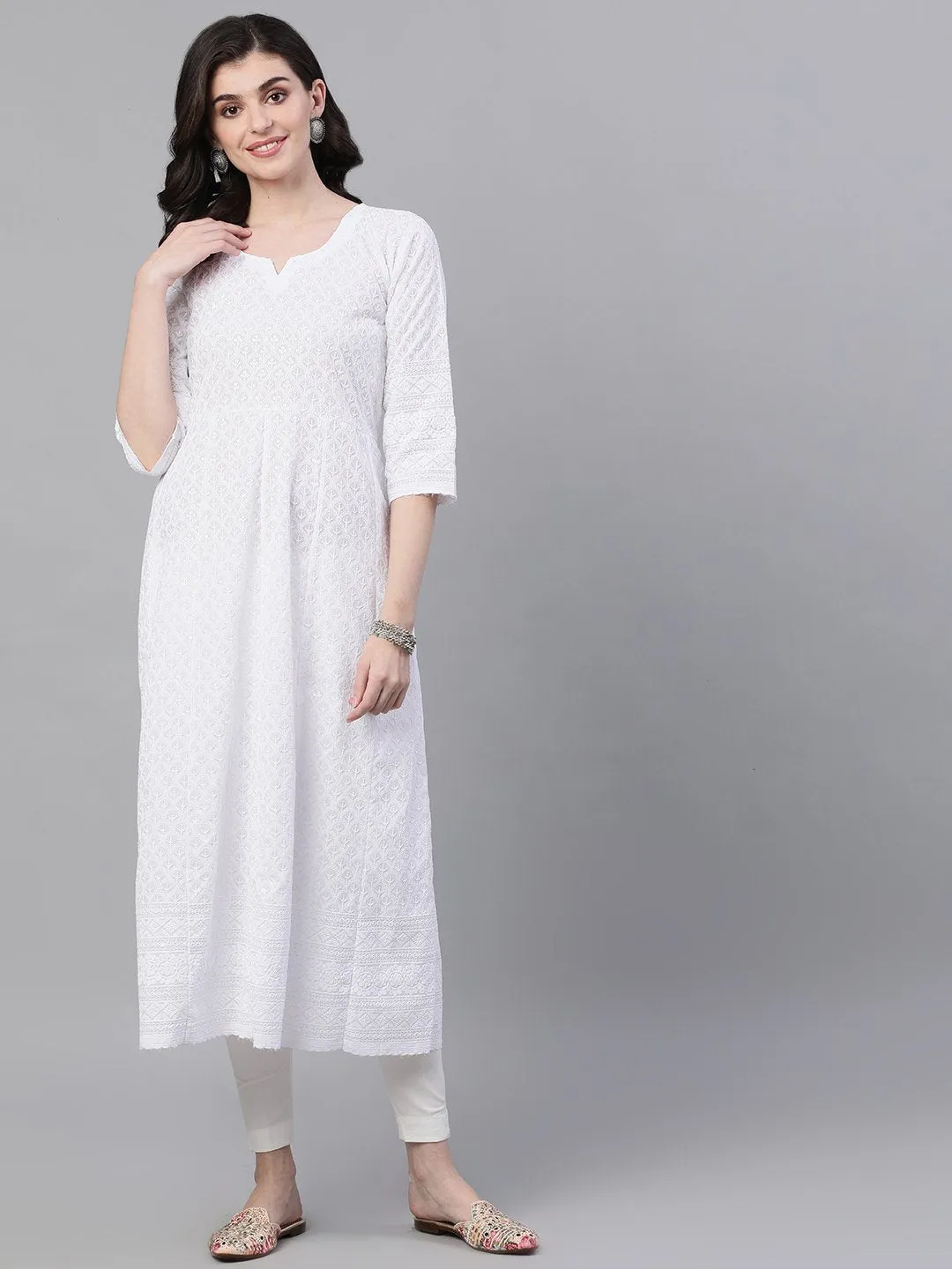 Ishin Women's Cotton White Sequinned Chikankari Embroidered Anarkali Kurta