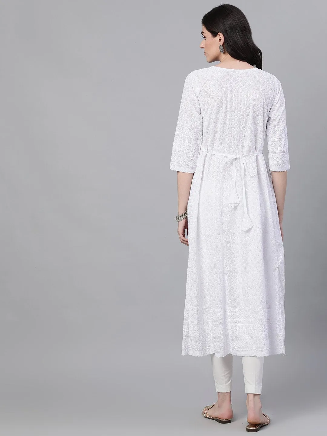 Ishin Women's Cotton White Sequinned Chikankari Embroidered Anarkali Kurta
