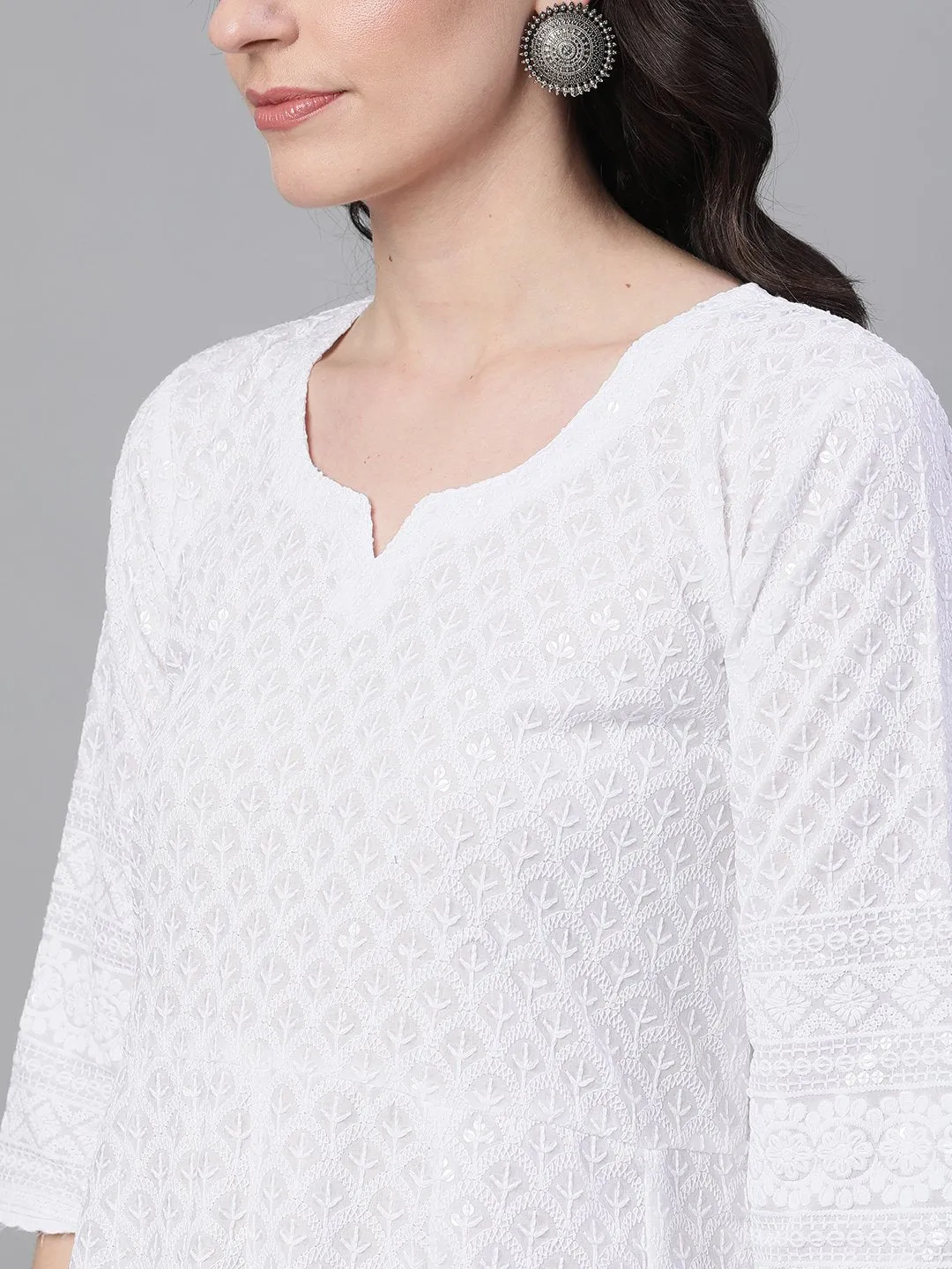 Ishin Women's Cotton White Sequinned Chikankari Embroidered Anarkali Kurta