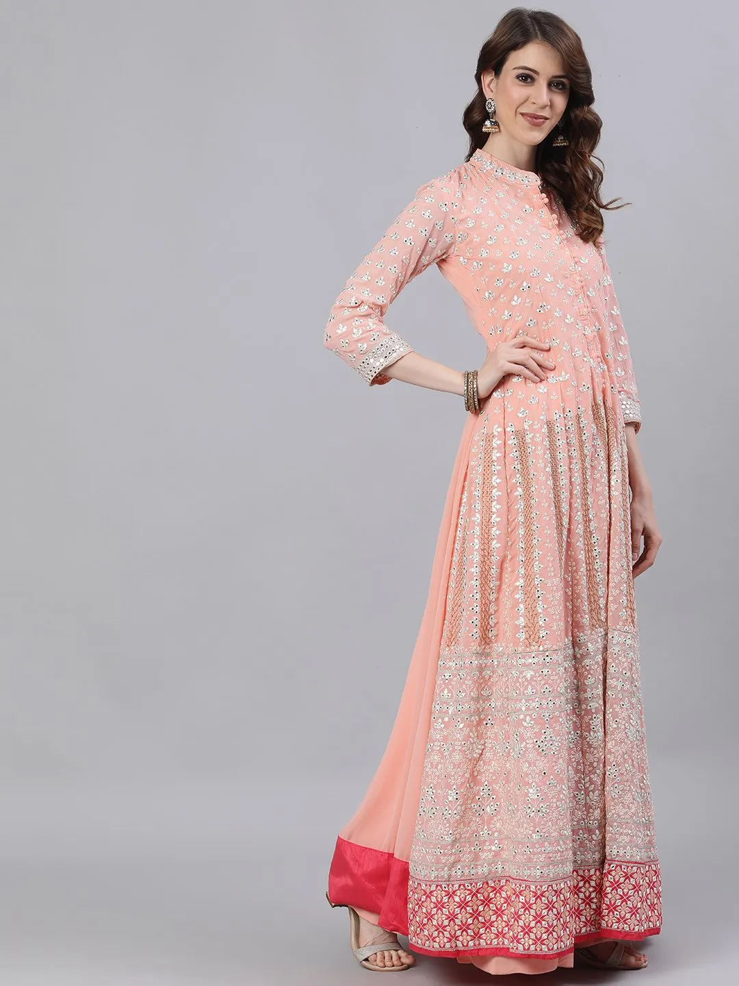 Ishin Women's Georgette Peach Embroidered Anarkali Kurta Skirt Dupatta Set