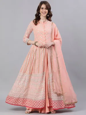 Ishin Women's Georgette Peach Embroidered Anarkali Kurta Skirt Dupatta Set