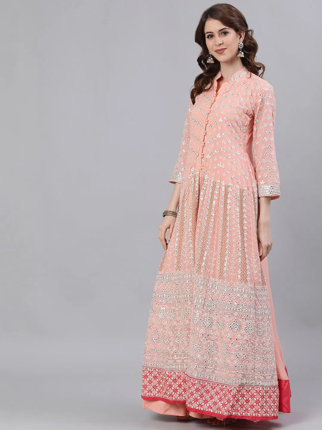 Ishin Women's Georgette Peach Embroidered Anarkali Kurta Skirt Dupatta Set