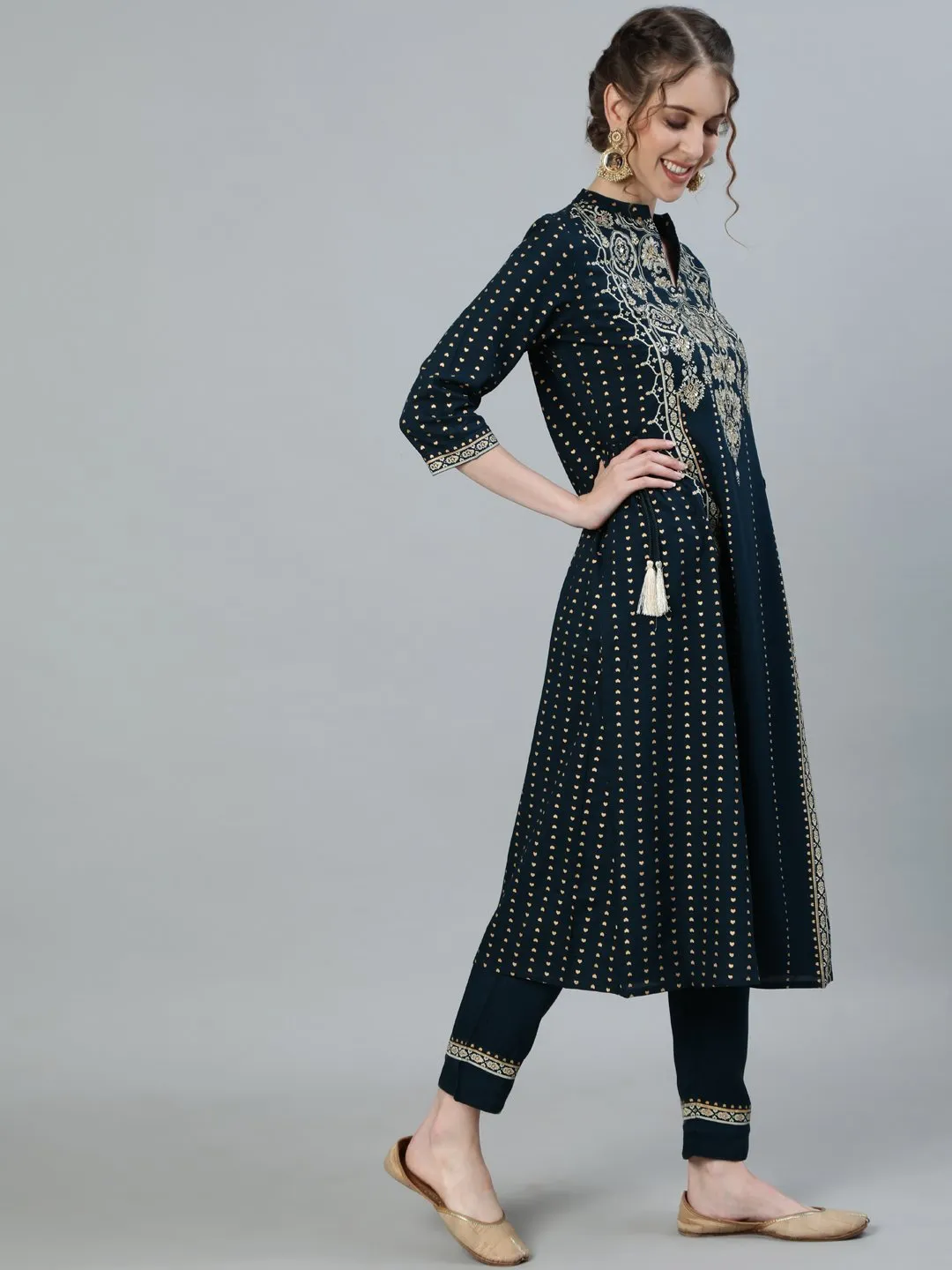 Ishin Women's Green Embroidered A-Line Kurta With Trouser