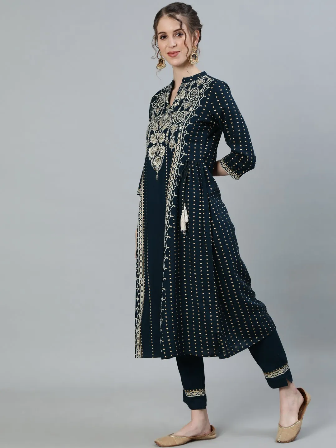 Ishin Women's Green Embroidered A-Line Kurta With Trouser