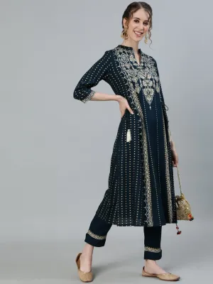 Ishin Women's Green Embroidered A-Line Kurta With Trouser