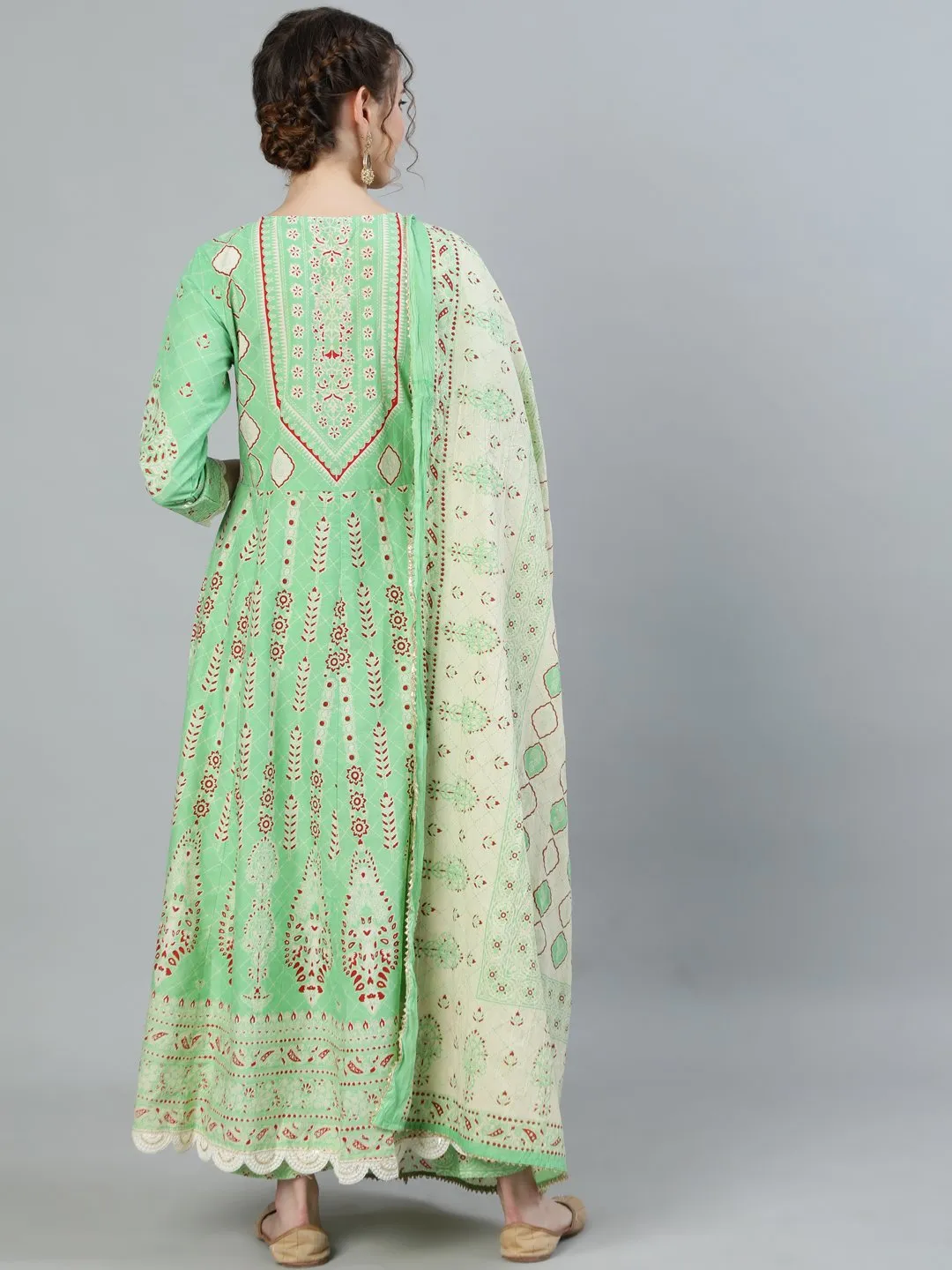 Ishin Women's Green Gota Patti Anarkali Kurta With Trouser & Dupatta
