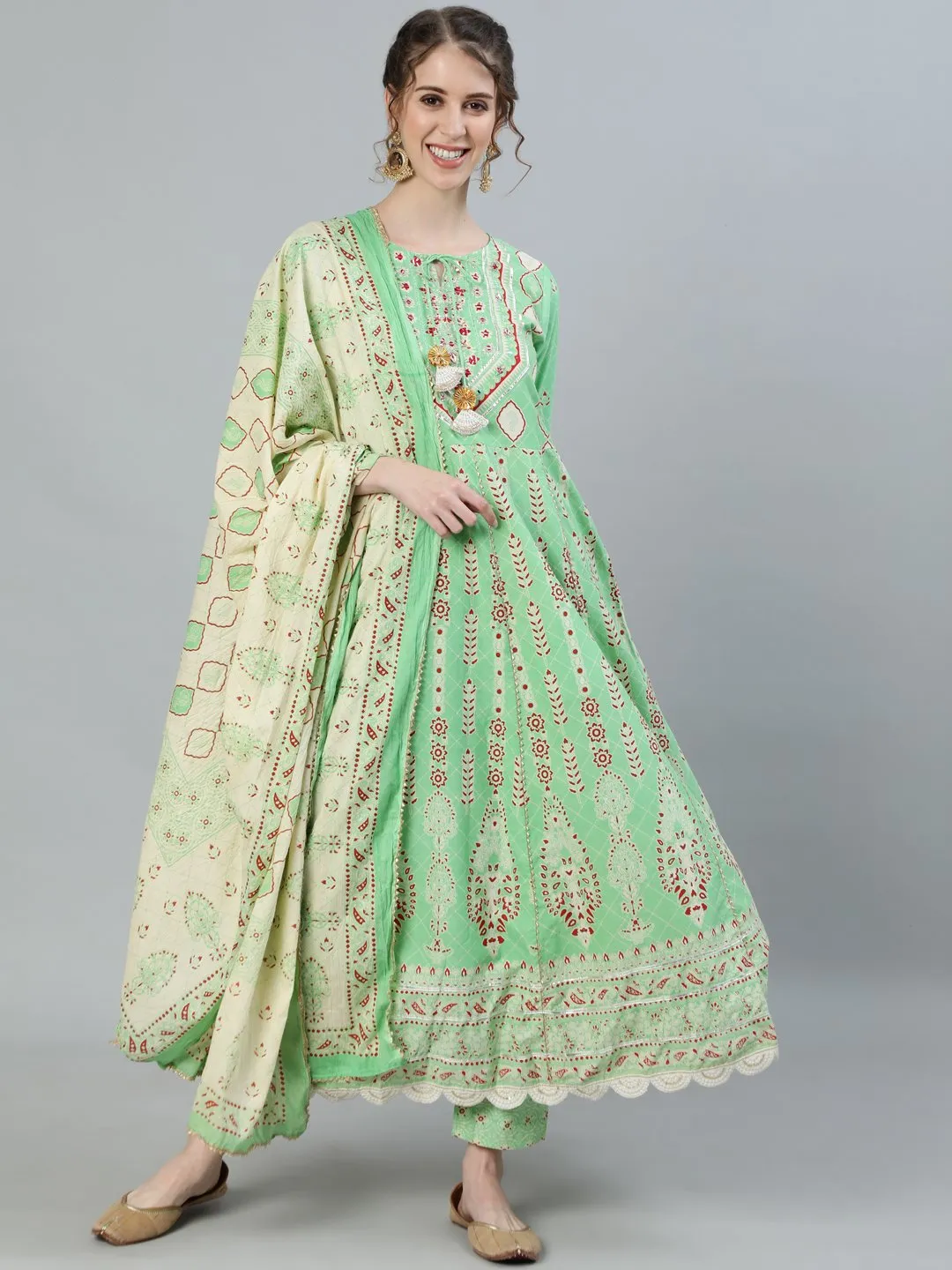 Ishin Women's Green Gota Patti Anarkali Kurta With Trouser & Dupatta