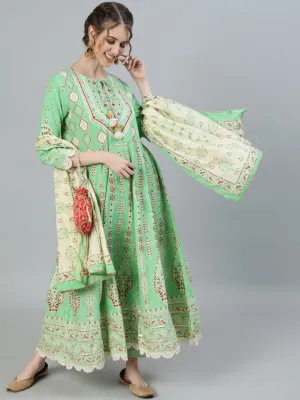 Ishin Women's Green Gota Patti Anarkali Kurta With Trouser & Dupatta
