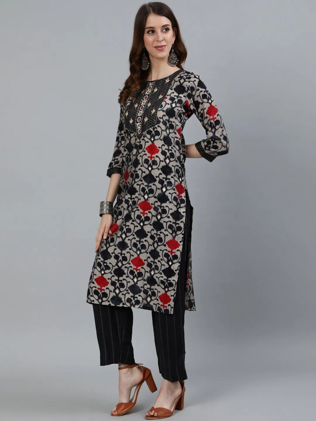 Ishin Women's Grey Embroidered Straight Kurta & Trouser