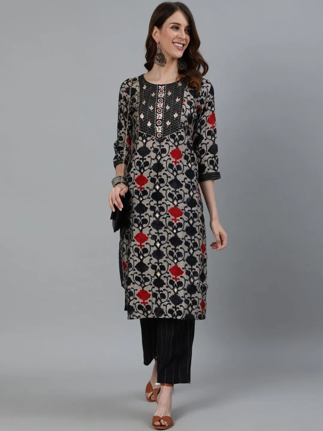 Ishin Women's Grey Embroidered Straight Kurta & Trouser
