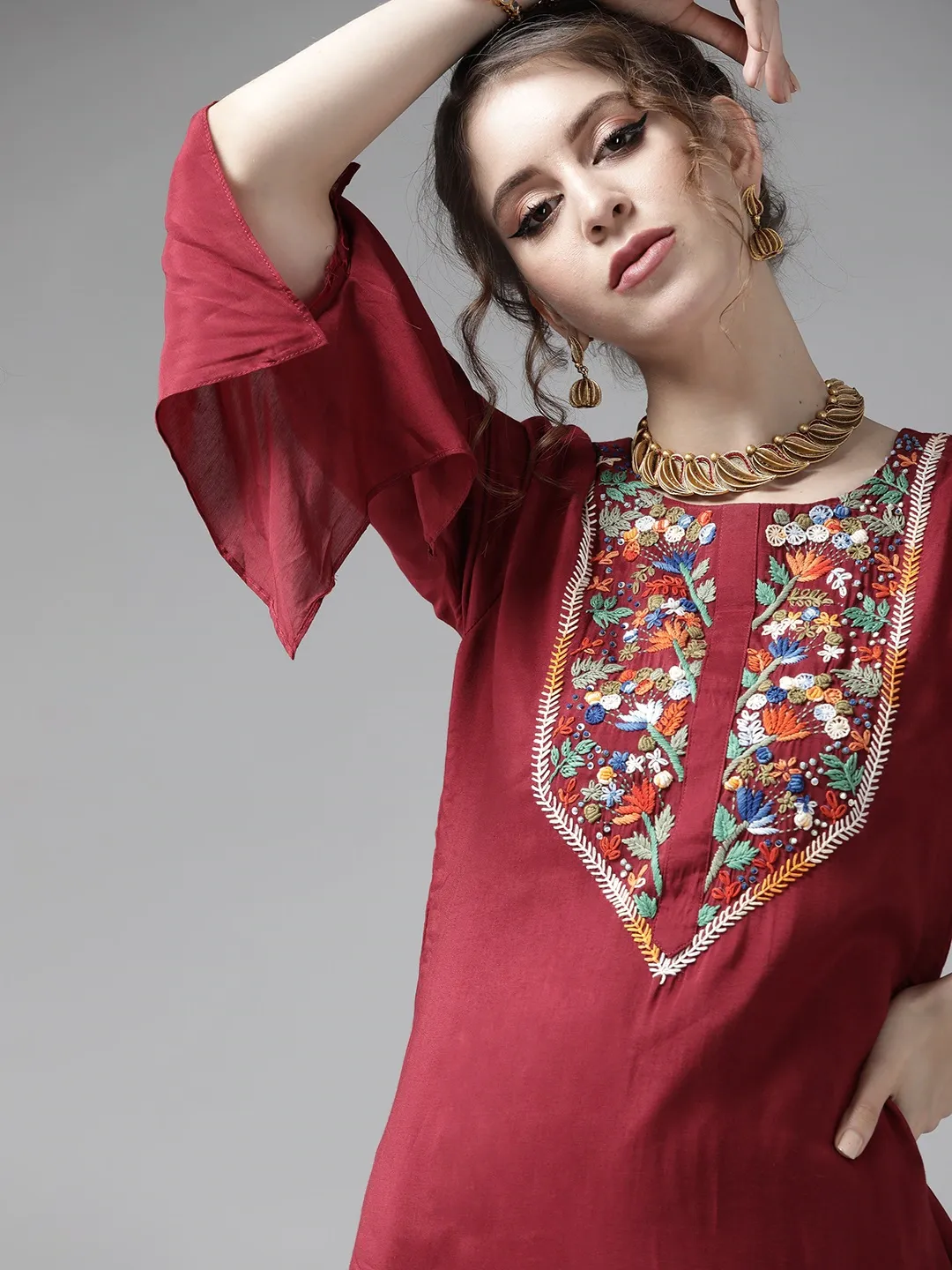 Ishin Women's Maroon Embroidered A-Line Kurta Trouser Dupatta Set