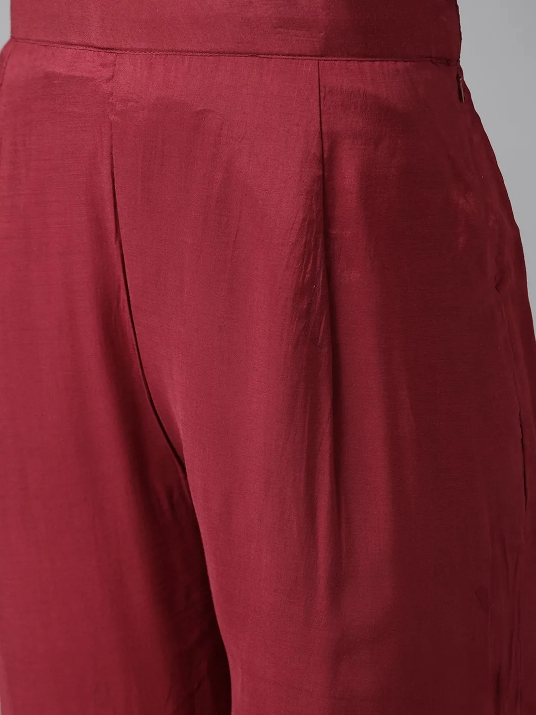 Ishin Women's Maroon Embroidered A-Line Kurta Trouser Dupatta Set