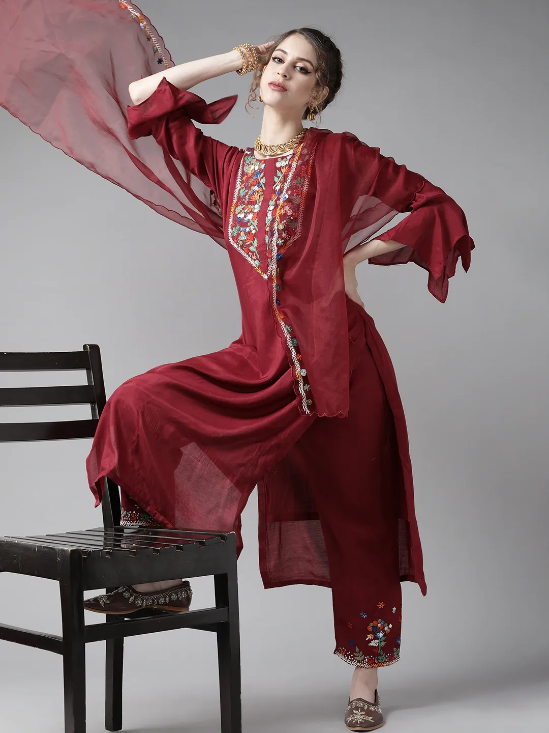 Ishin Women's Maroon Embroidered A-Line Kurta Trouser Dupatta Set