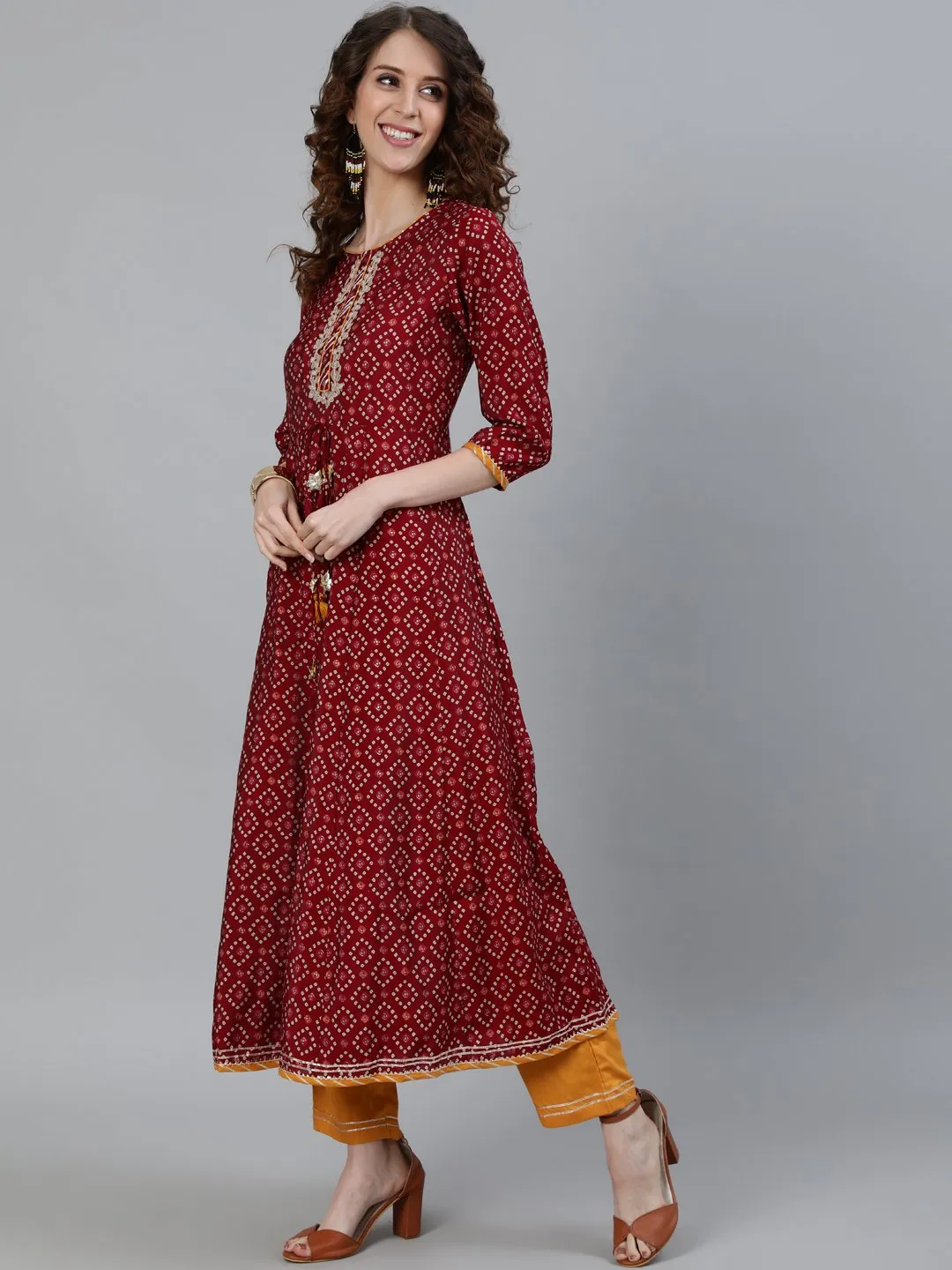 Ishin Women's Maroon Zari Embroidered Anarkali Kurta With Trouser & Dupatta