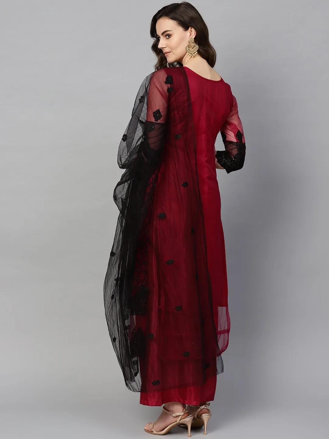 Ishin Women's Net Brown Embroidered A-Line Kurta Palazzo Dupatta Set