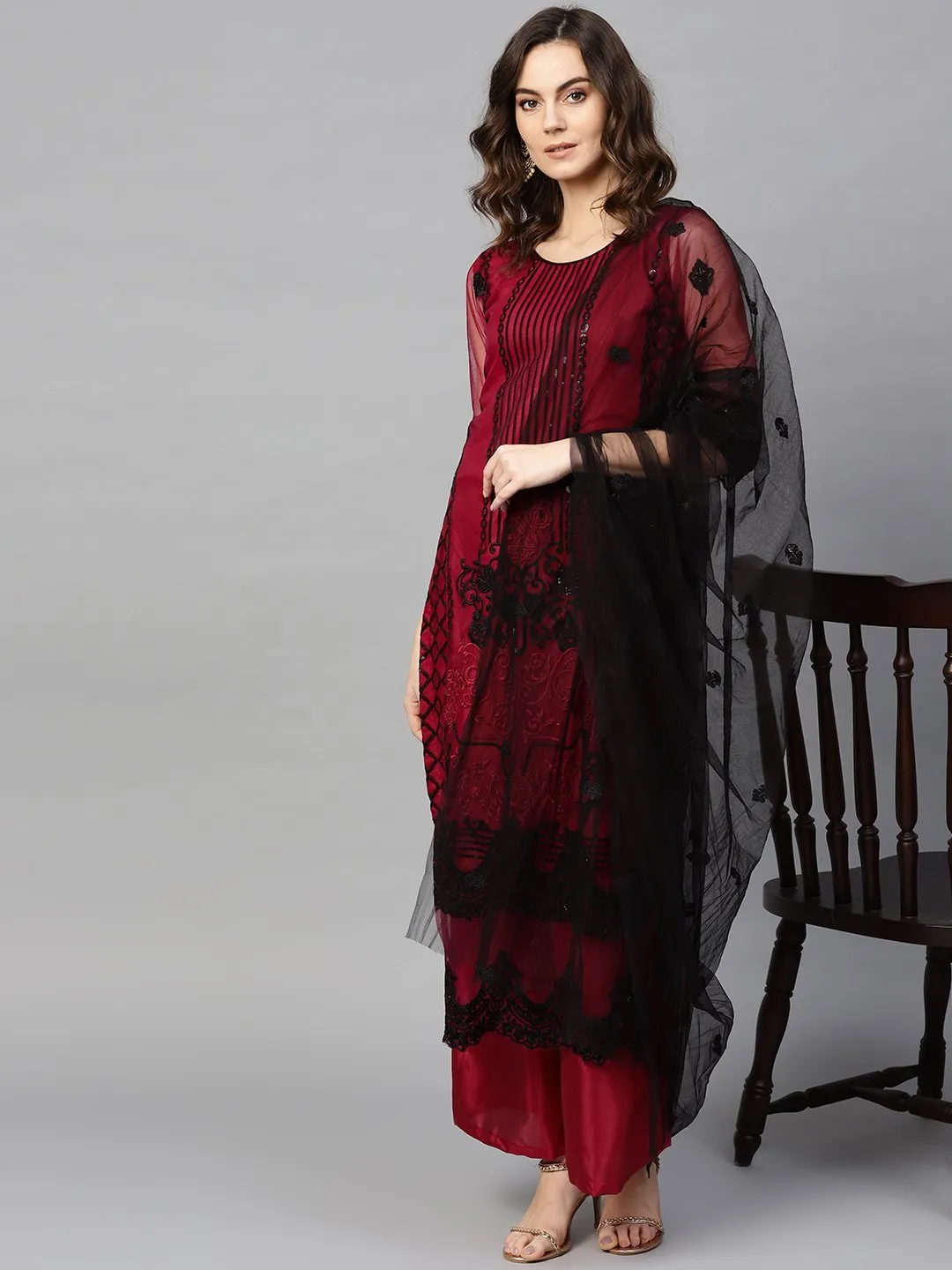 Ishin Women's Net Brown Embroidered A-Line Kurta Palazzo Dupatta Set