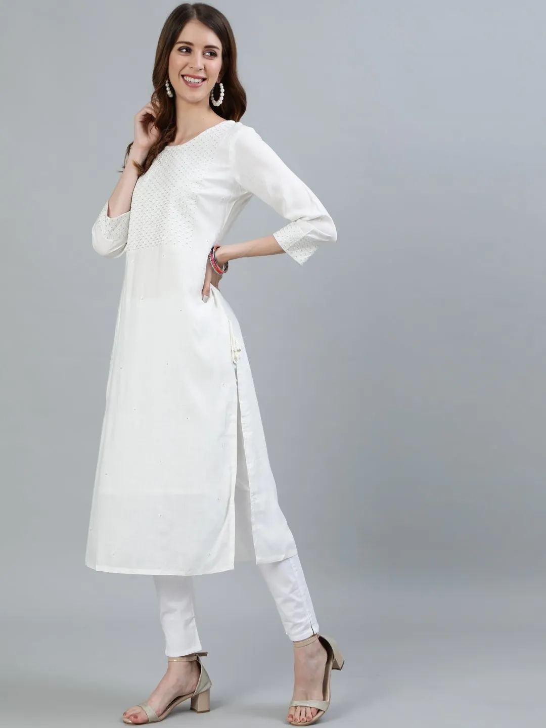 Ishin Women's Off White Embroidered A-Line Kurta