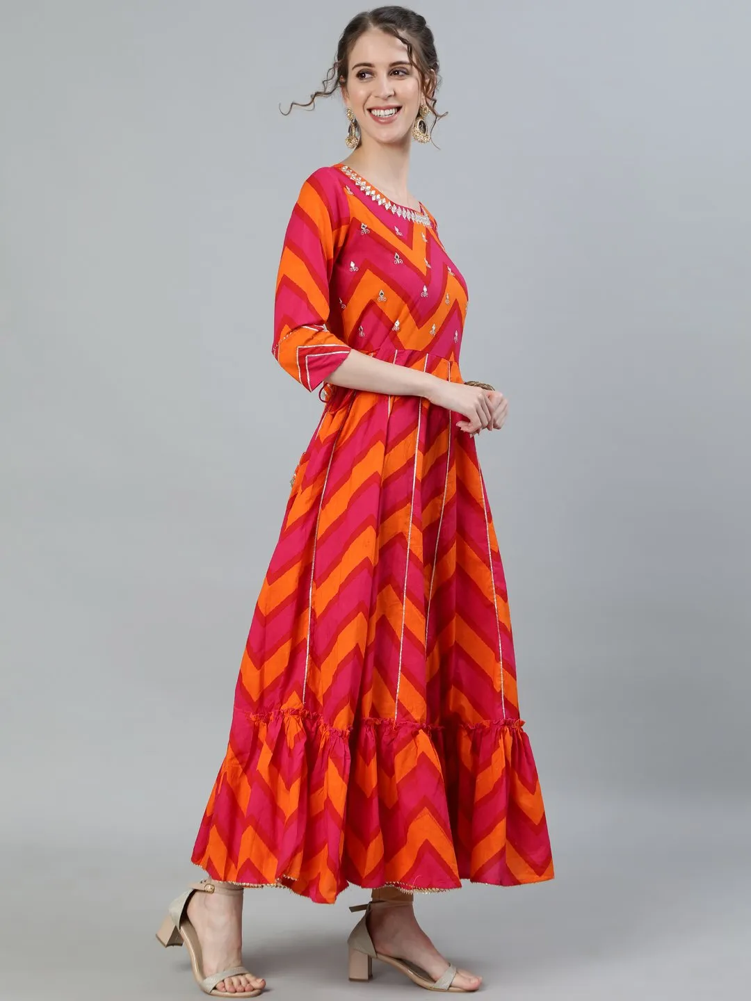 Ishin Women's Pink & Orange Gota Patti Embroidered Anarkali Kurta
