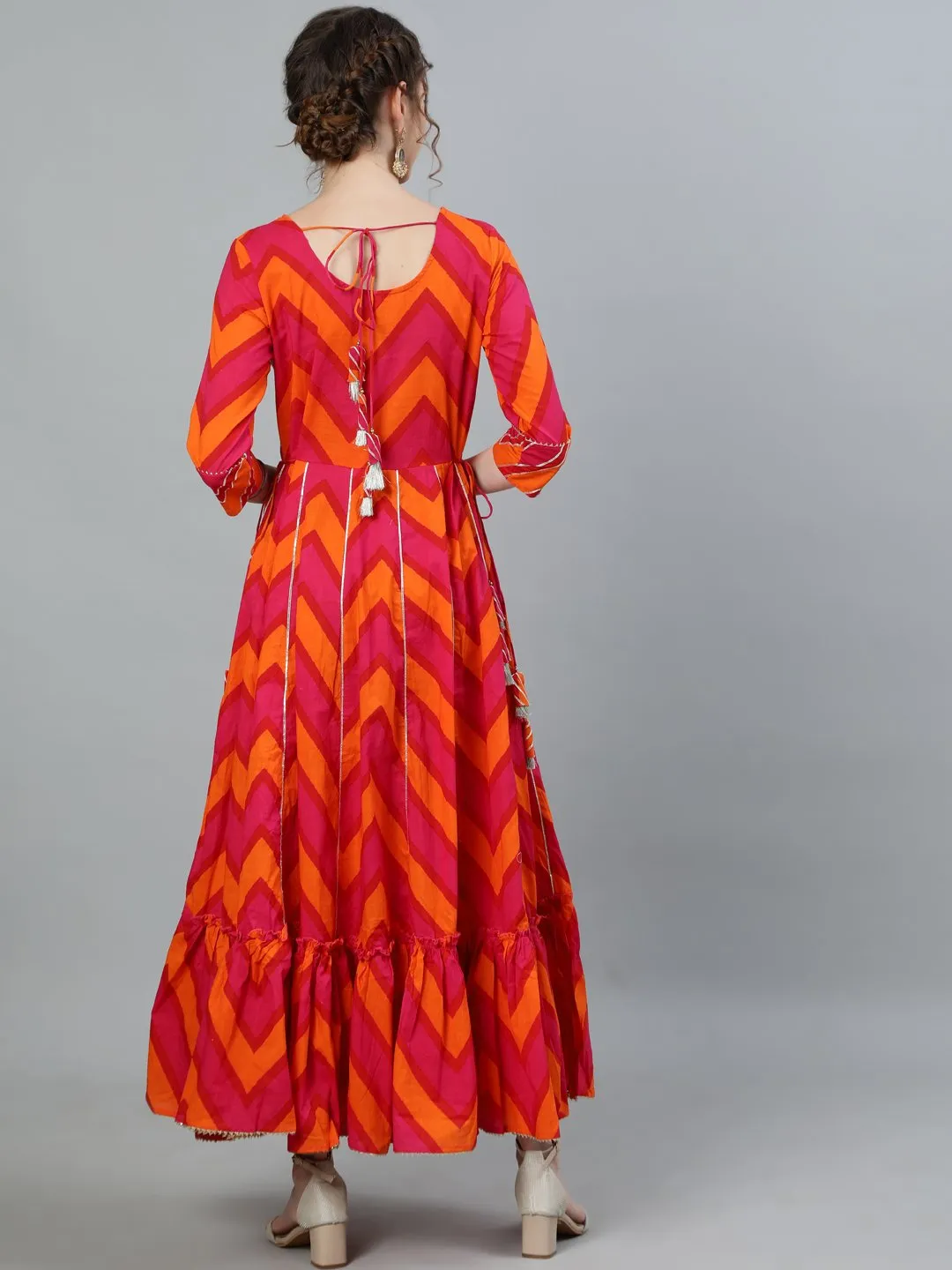 Ishin Women's Pink & Orange Gota Patti Embroidered Anarkali Kurta