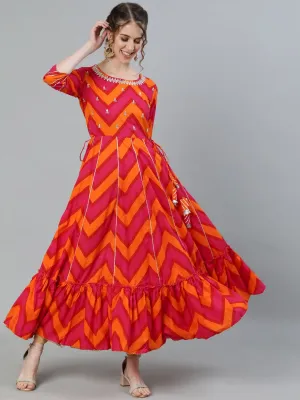 Ishin Women's Pink & Orange Gota Patti Embroidered Anarkali Kurta
