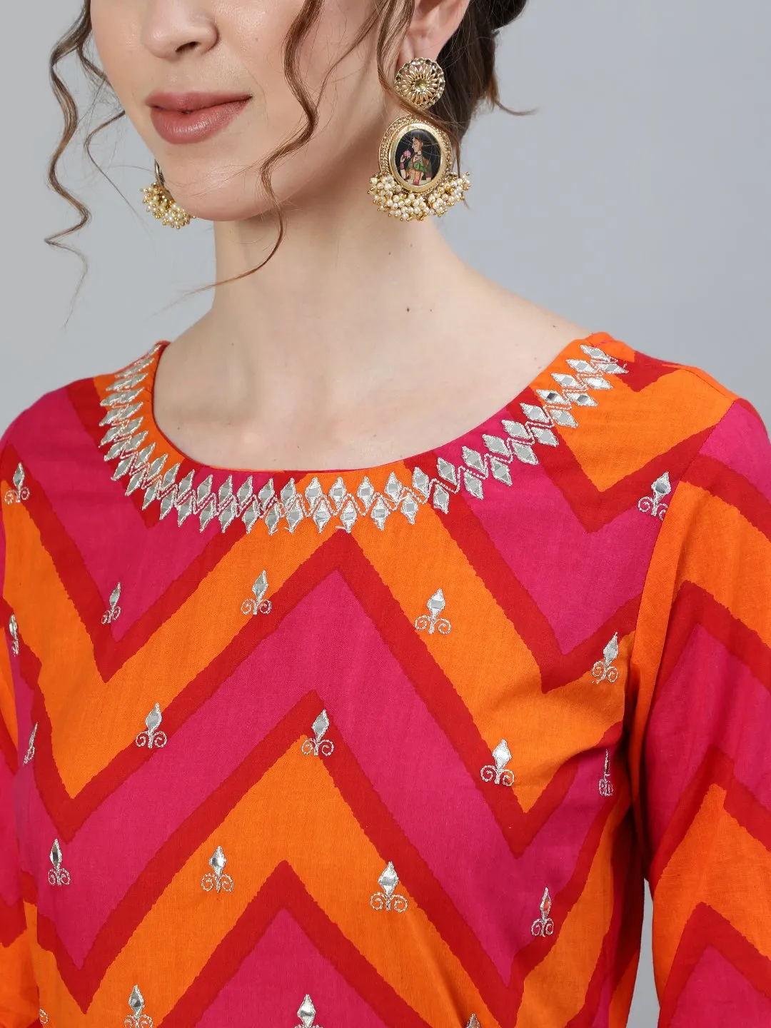 Ishin Women's Pink & Orange Gota Patti Embroidered Anarkali Kurta
