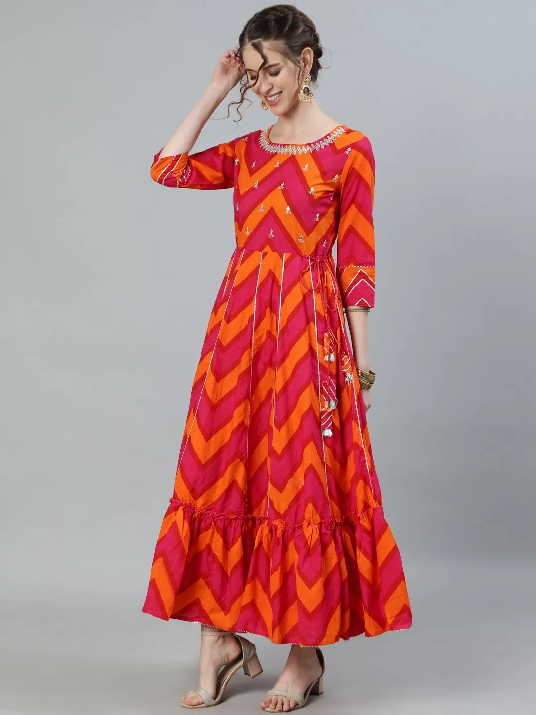 Ishin Women's Pink & Orange Gota Patti Embroidered Anarkali Kurta