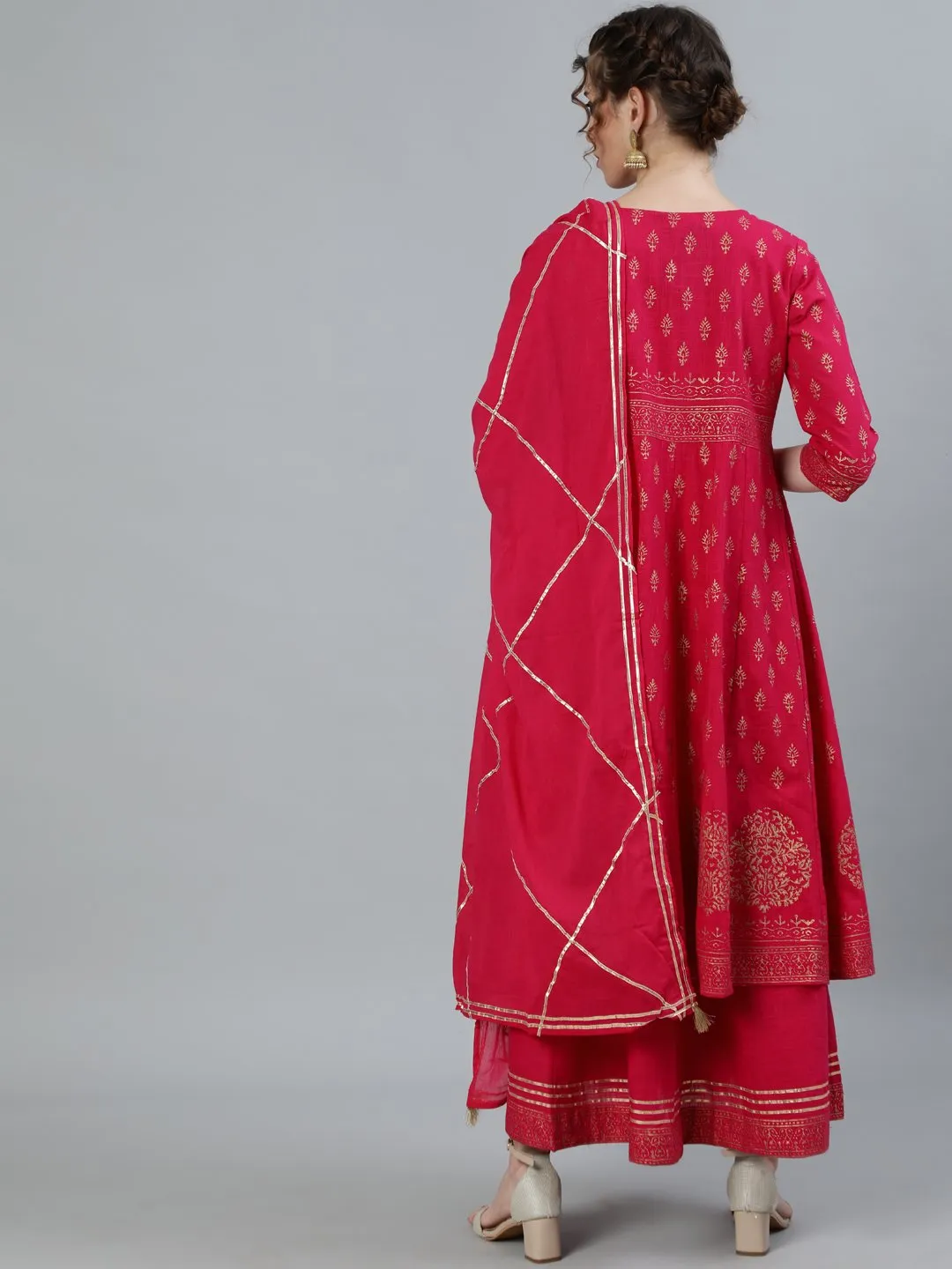 Ishin Women's Pink Gota Patti Anarkali Jacket Kurta With Dupatta