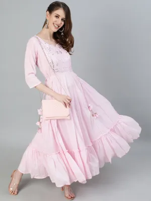 Ishin Women's Pink Gotta Patti Embroidered Anarkali Kurta With Mirror Work