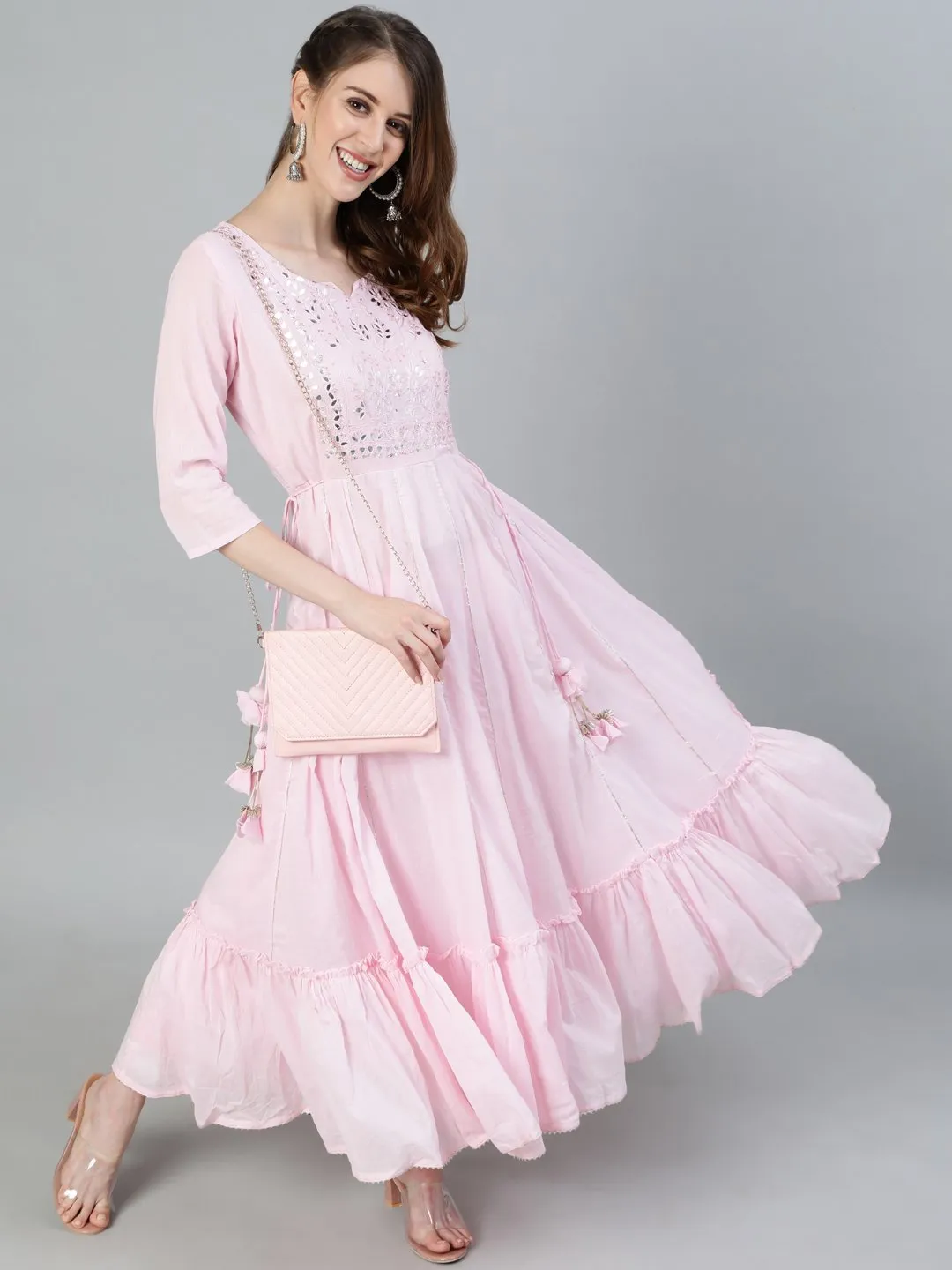 Ishin Women's Pink Gotta Patti Embroidered Anarkali Kurta With Mirror Work