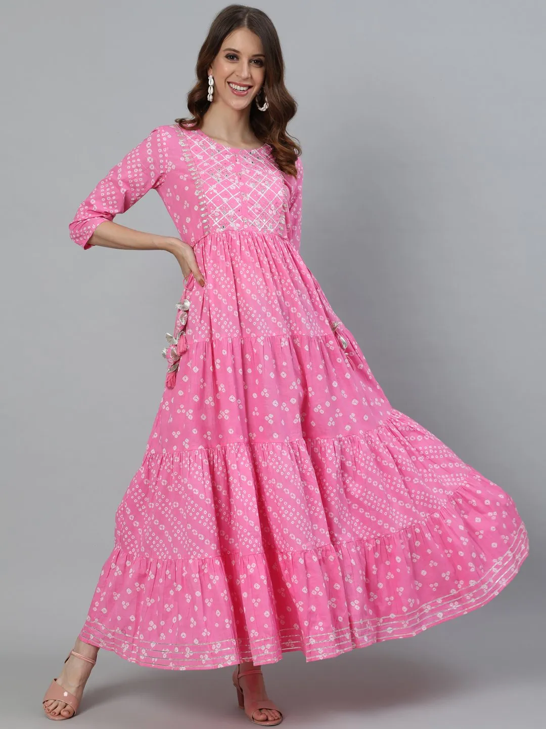 Ishin Women's Pink Zari Embroidered Anarkali Kurta