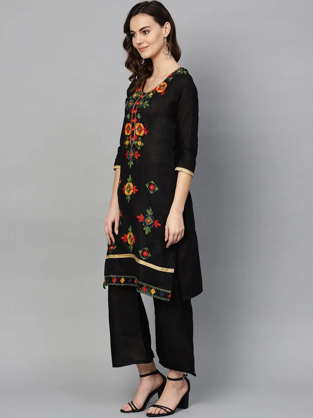 Ishin Women's Poly Cotton Black Embroidered A-Line Kurta Palazzo Dupatta Set