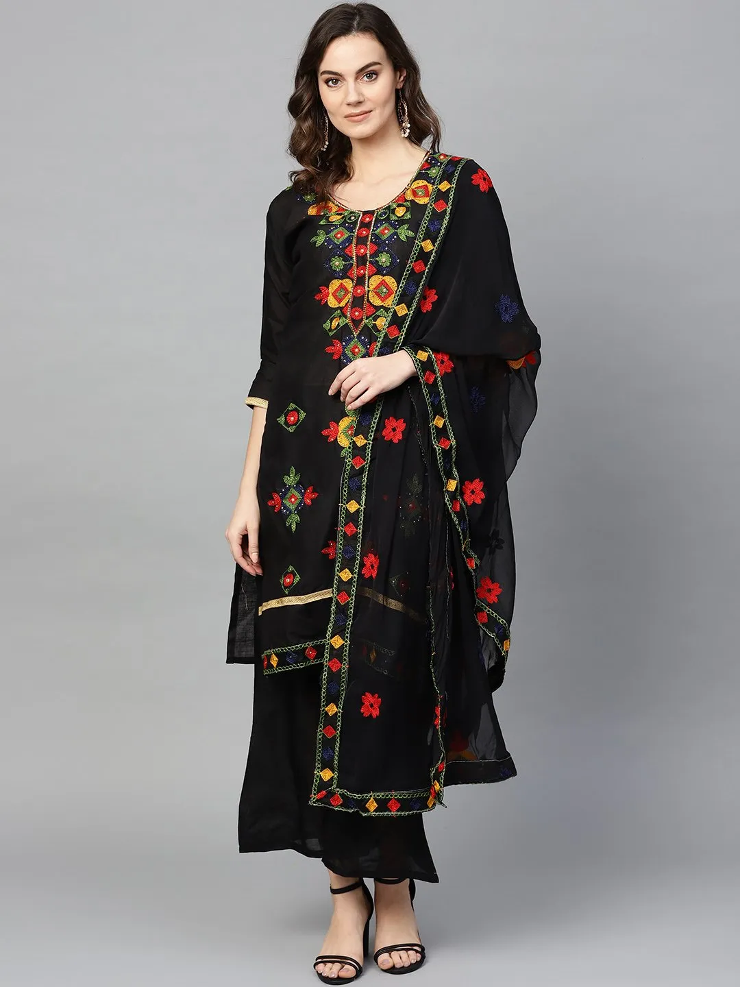 Ishin Women's Poly Cotton Black Embroidered A-Line Kurta Palazzo Dupatta Set