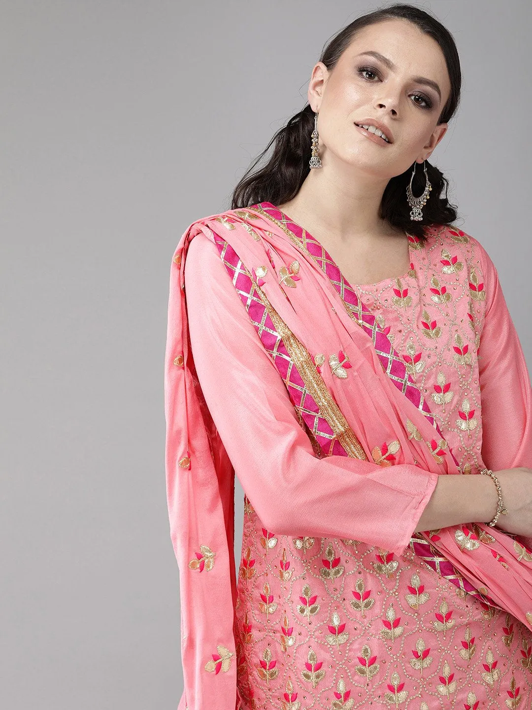 Ishin Women's Poly Crepe Pink Embellished A-Line Kurta Palazzo Dupatta Set