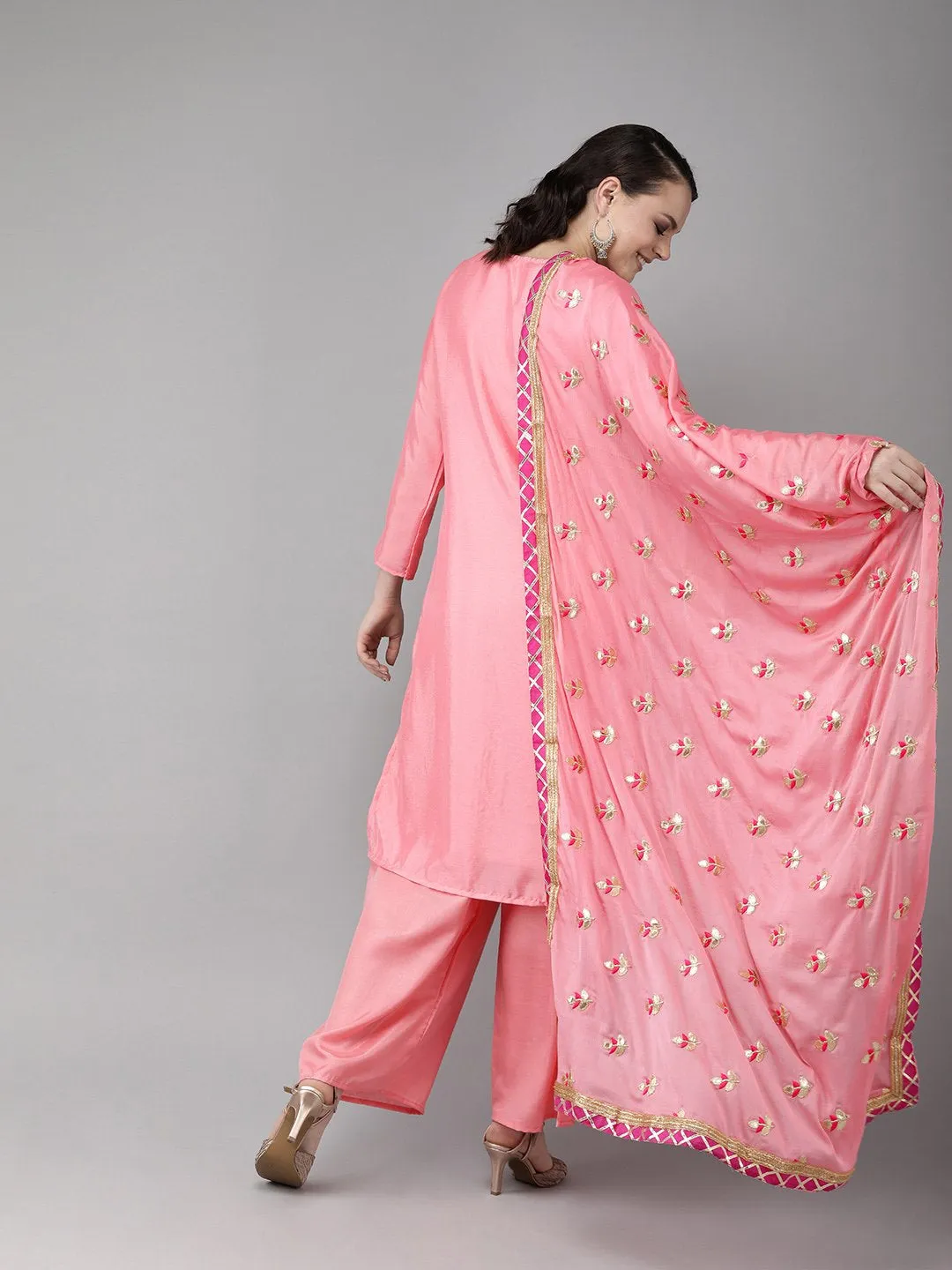 Ishin Women's Poly Crepe Pink Embellished A-Line Kurta Palazzo Dupatta Set