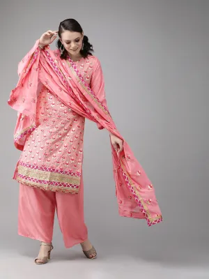 Ishin Women's Poly Crepe Pink Embellished A-Line Kurta Palazzo Dupatta Set