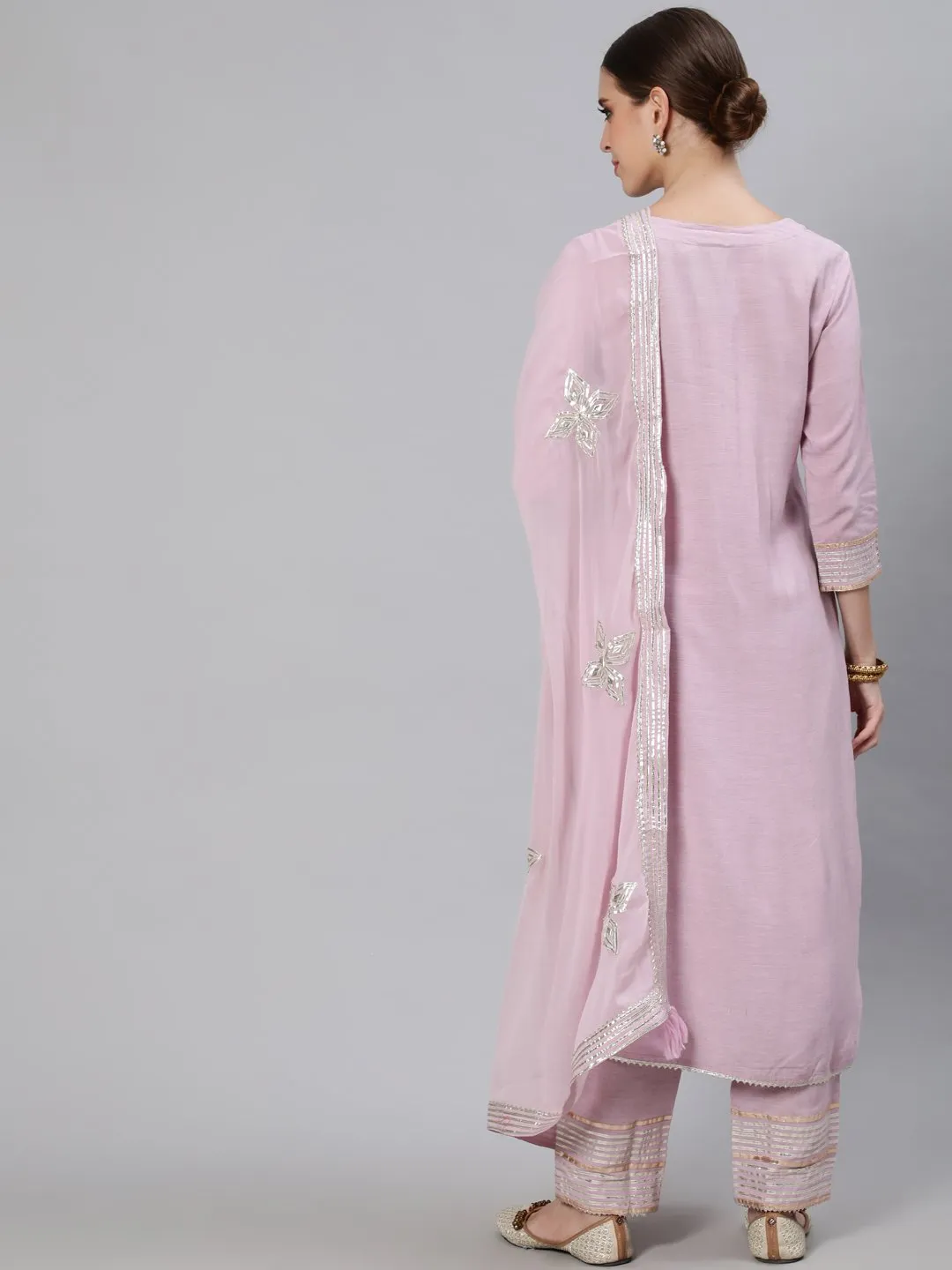 Ishin Women's Purple Gota Patti Embroidered A-Line Kurta Trouser Dupatta Set