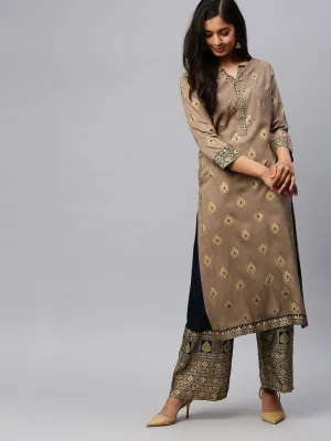 Ishin Women's Rayon Beige & Black Foil Printed Straight Kurta Palazzo Set