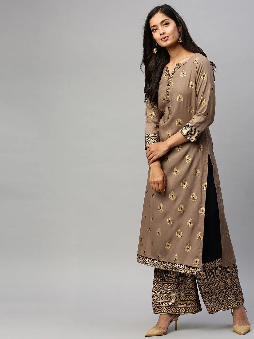 Ishin Women's Rayon Beige & Black Foil Printed Straight Kurta Palazzo Set