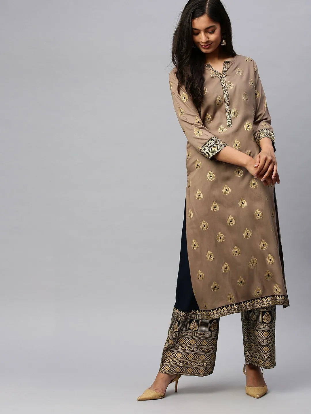 Ishin Women's Rayon Beige & Black Foil Printed Straight Kurta Palazzo Set