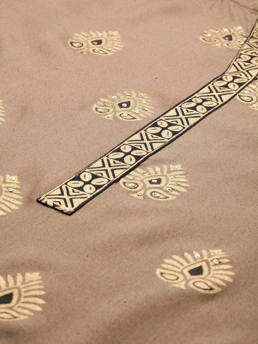 Ishin Women's Rayon Beige & Black Foil Printed Straight Kurta Palazzo Set