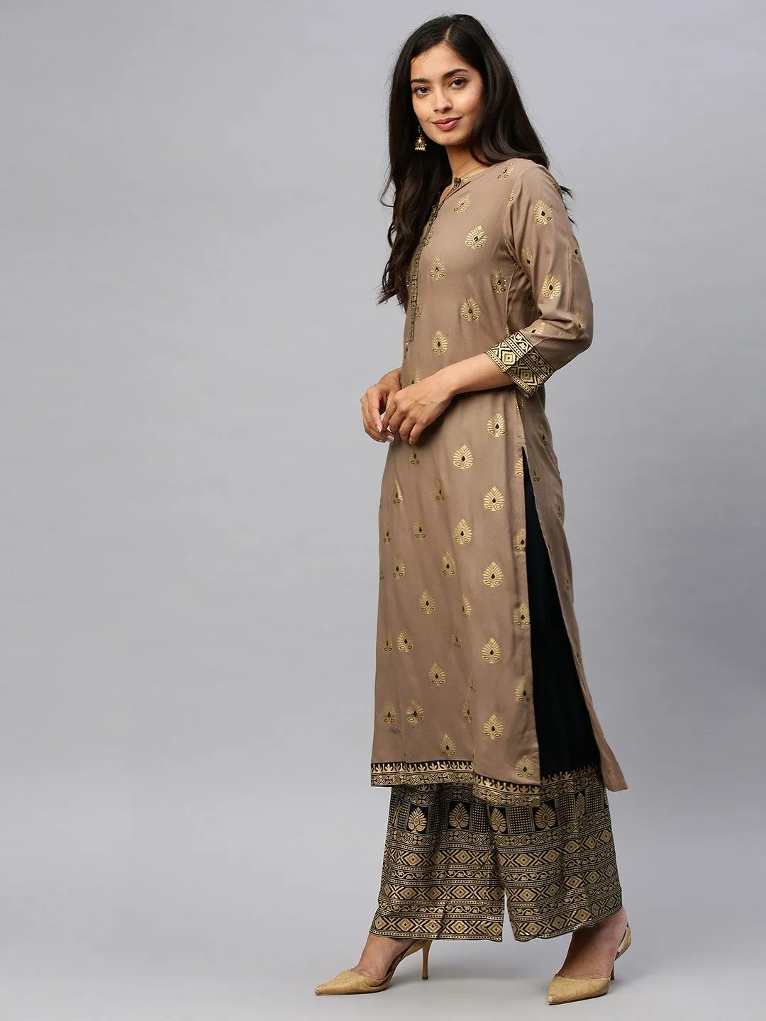 Ishin Women's Rayon Beige & Black Foil Printed Straight Kurta Palazzo Set