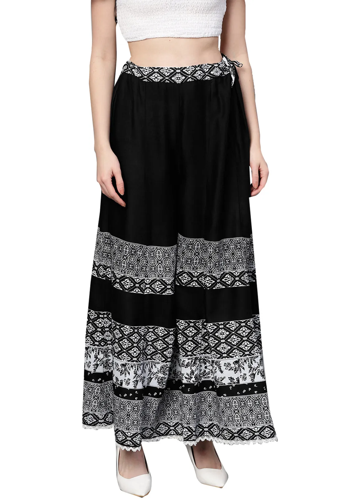 Ishin Women's Rayon Black Printed Palazzo With Lace